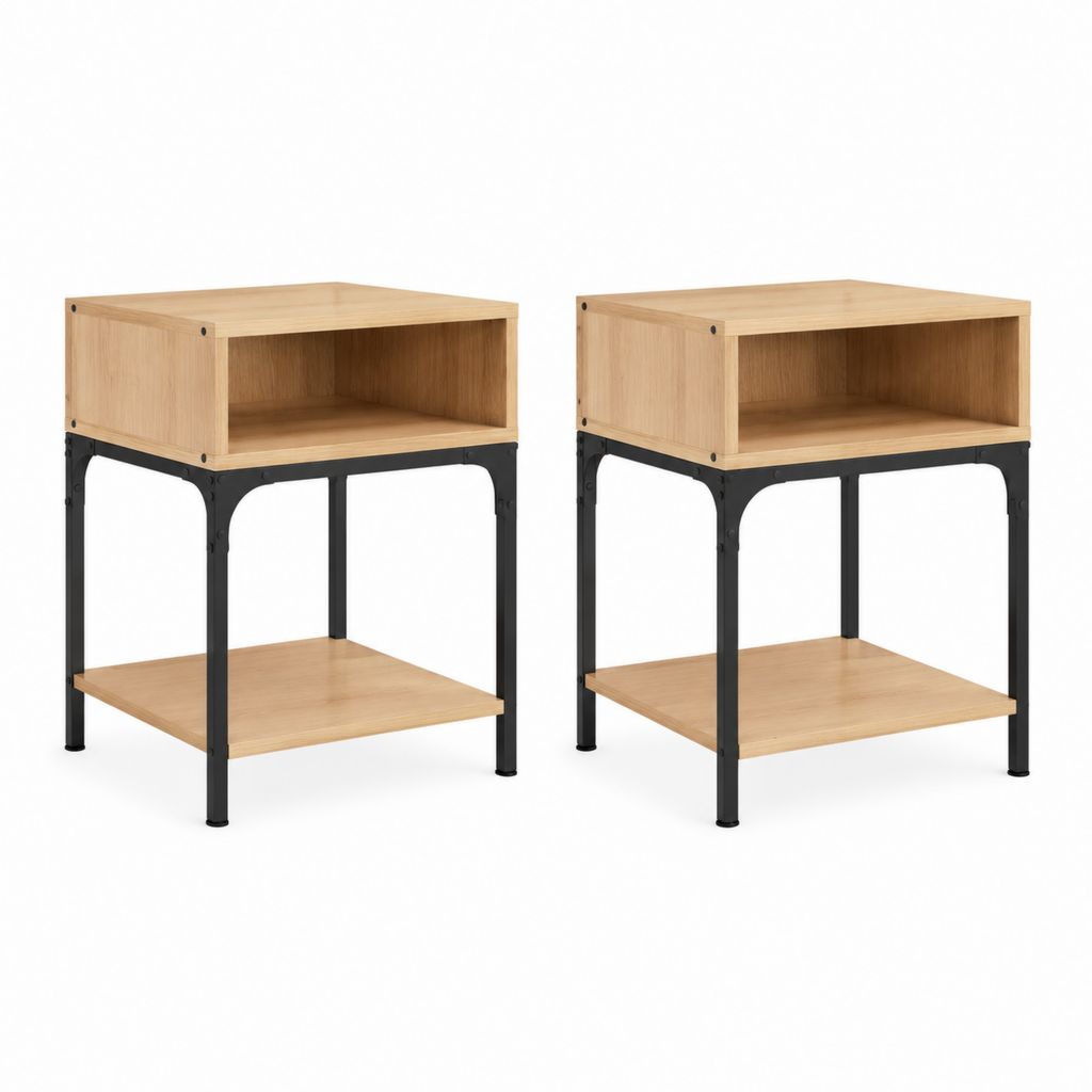 Set di 2 comodini con vano aperto in bambù naturale e acciaio nero rettangolari 40 x 40 x 60 cm