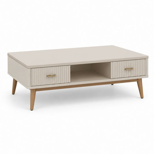 Tavolino da caffè rettangolare beige in MDF con 2 cassetti e vano aperto 120 x 60 x 45 cm