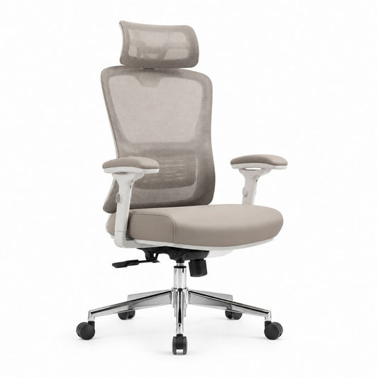 Sedia da ufficio ergonomica beige e bianco con rete in poliestere poggiatesta regolabile e ruote 66 x 66 x 116-126 cm