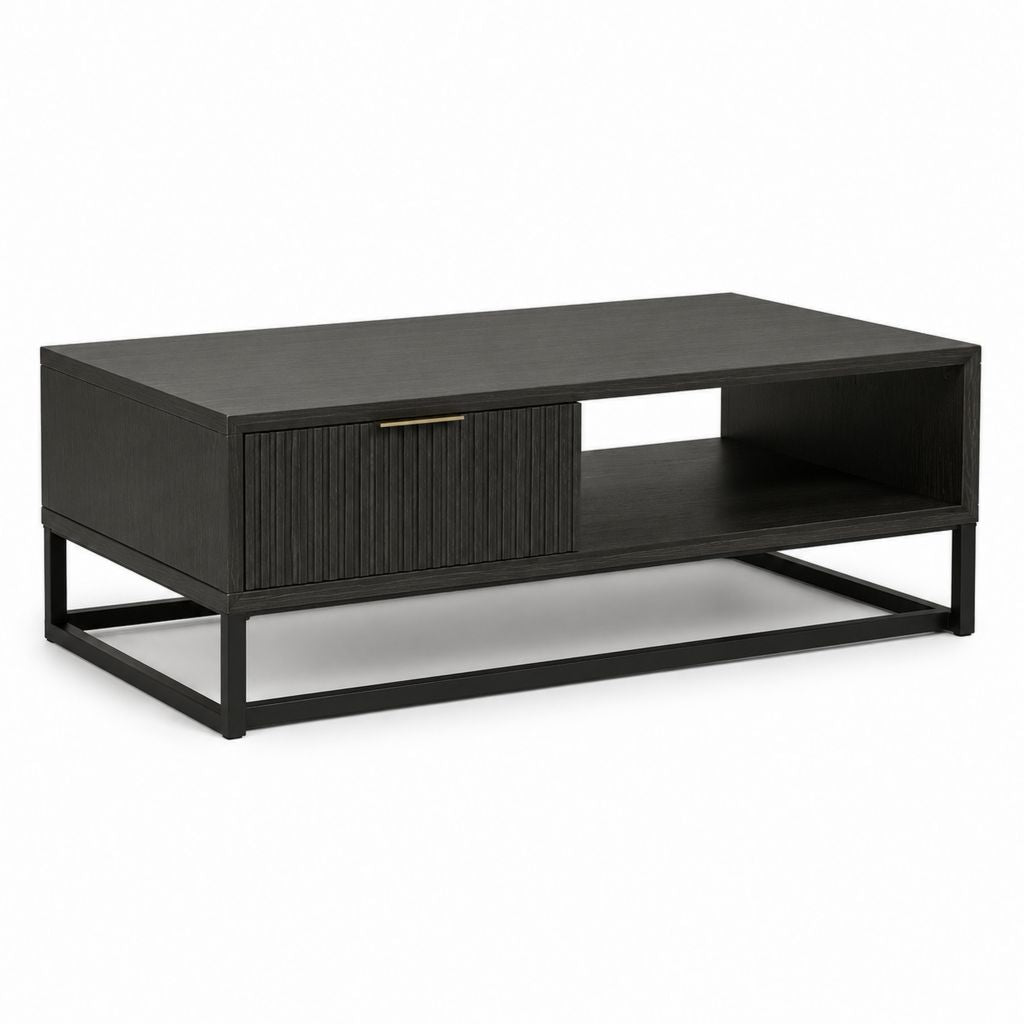 Tavolino da caffè rettangolare nero in MDF e acciaio 100 x 60 x 42 cm con anta scorrevole e vano portaoggetti