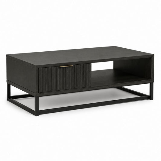 Tavolino da caffè rettangolare nero in MDF e acciaio 100 x 60 x 42 cm con anta scorrevole e vano portaoggetti