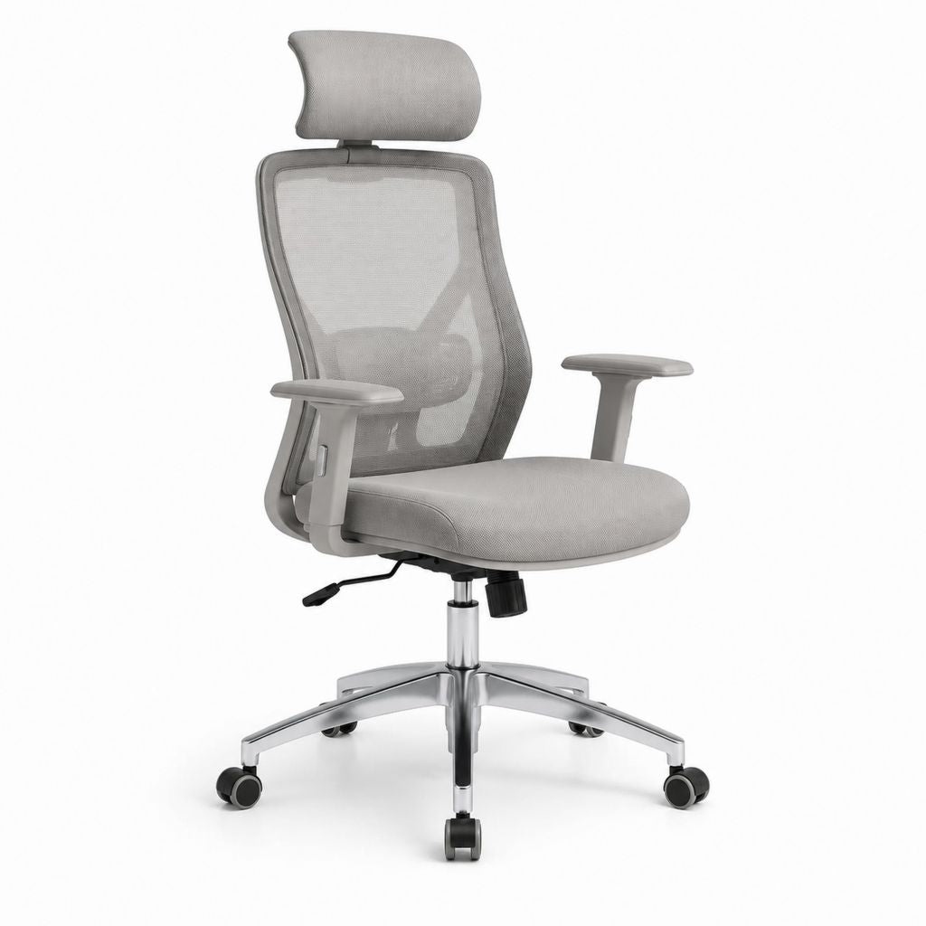 Sedia da ufficio ergonomica grigia in rete di poliestere con poggiatesta 66 x 66 x 118-128 cm