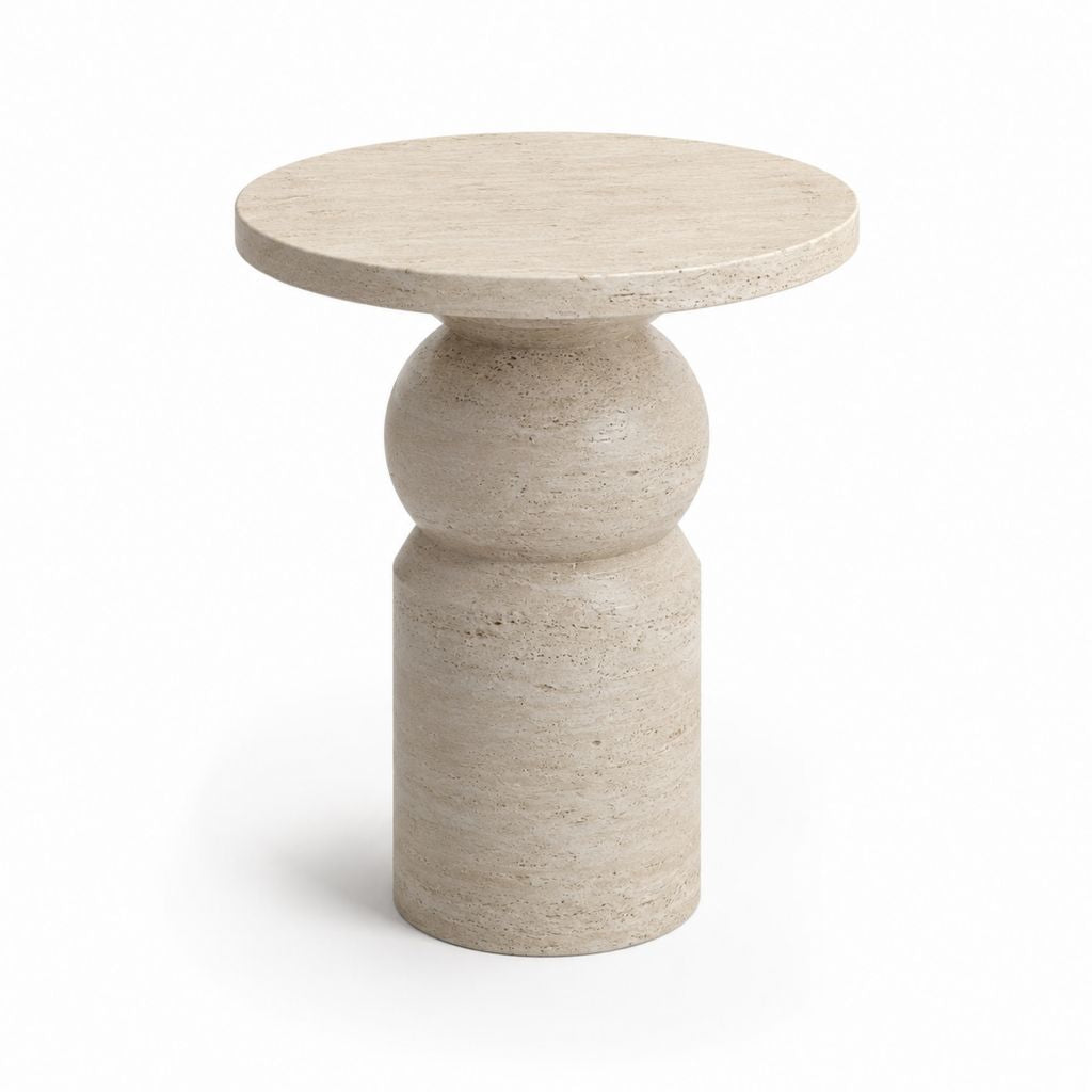 Tavolino laterale rotondo beige in travertino diametro 40 cm altezza 50 cm