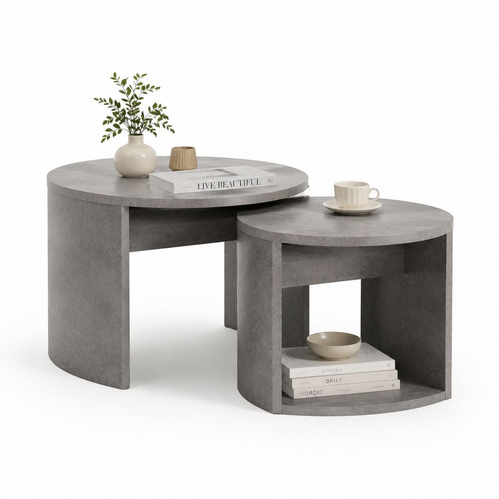 Set 2 tavolini da caffè rotondi grigio cemento in MDF 80 x 80 x 45 cm e 60 x 60 x 38 cm
