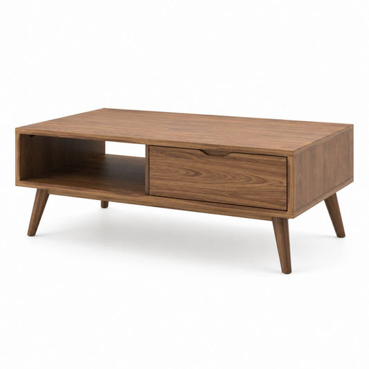 Tavolino da caffè rettangolare noce in MDF impiallacciato 100 x 50 x 45 cm con cassetto e vano a giorno