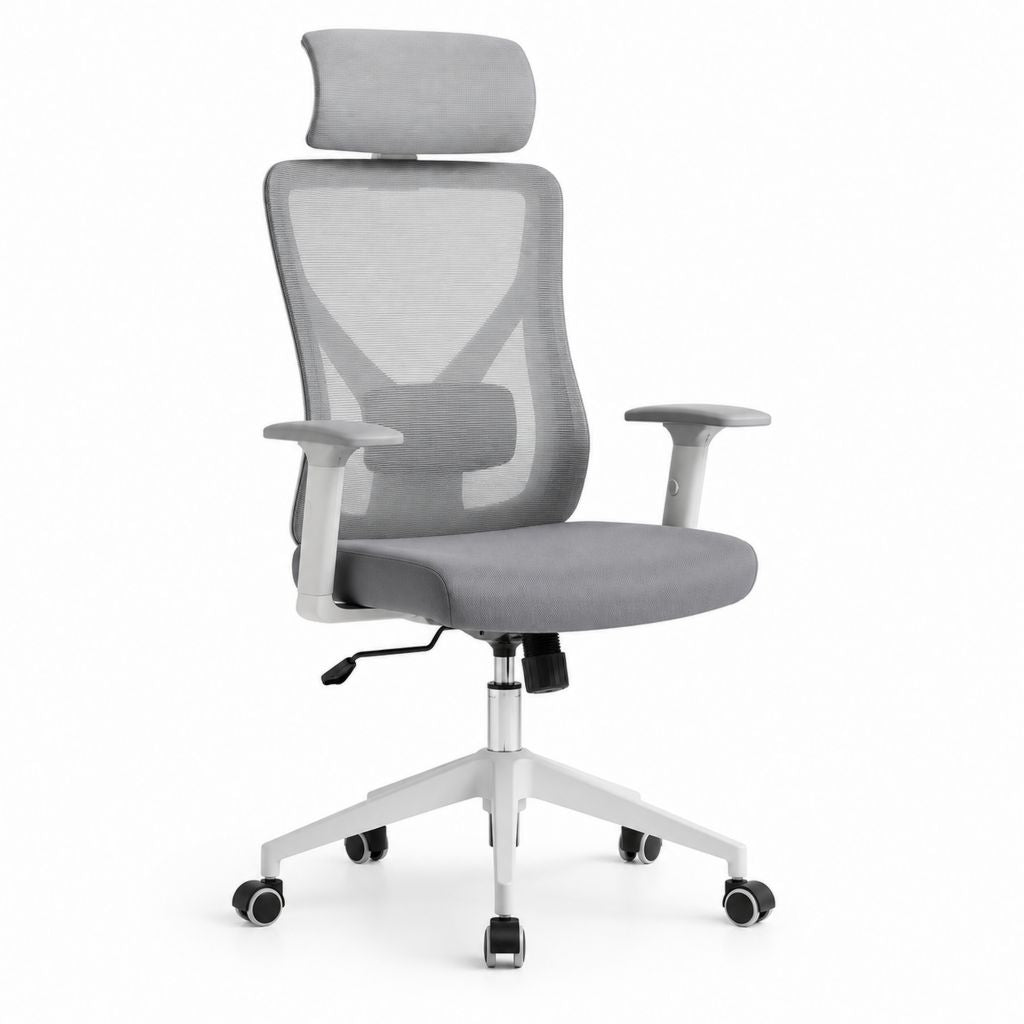 Sedia da ufficio ergonomica grigia in rete di poliestere con poggiatesta 64 x 64 x 118-128 cm