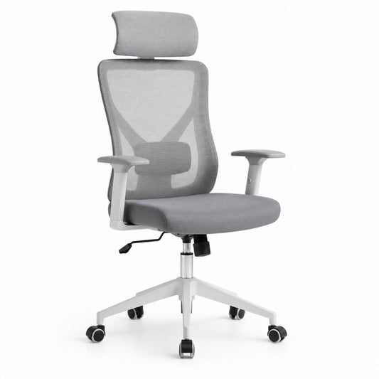 Sedia da ufficio ergonomica grigia in rete di poliestere con poggiatesta 64 x 64 x 118-128 cm