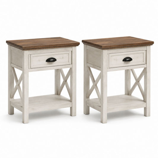 Set di 2 comodini con cassetto bianco e marrone in legno massello 45 x 35 x 65 cm