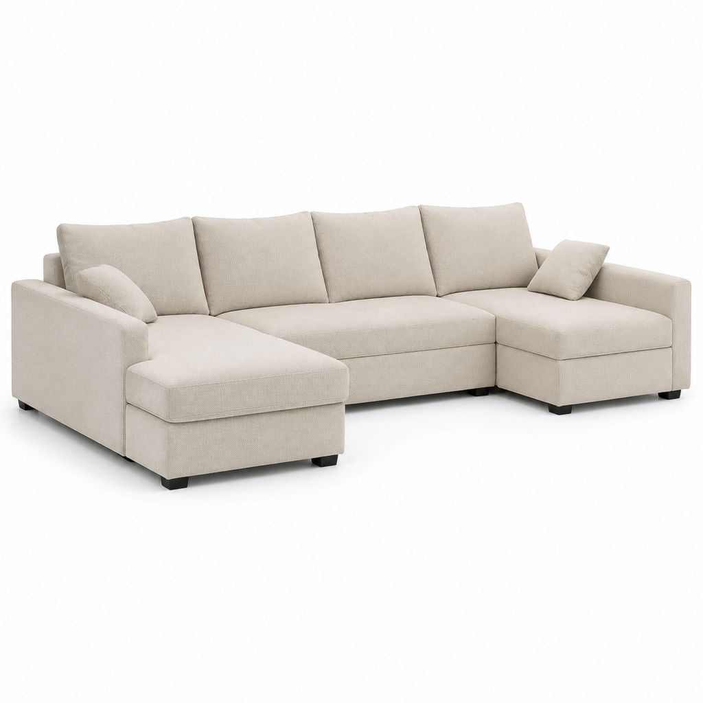 Divano a U 4 posti beige in poliestere con doppia chaise longue 300 x 160 x 85 cm