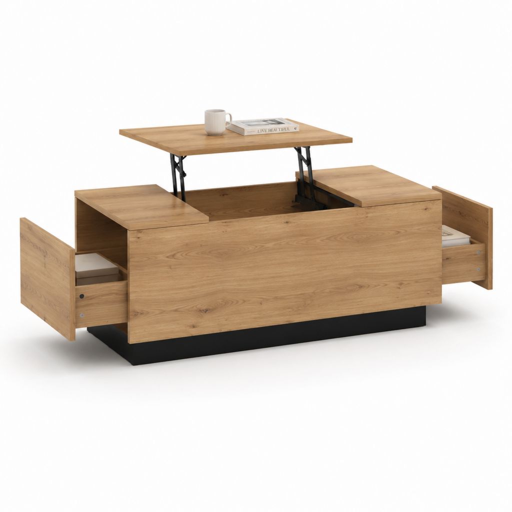 Tavolino da caffè con piano sollevabile rovere e acciaio nero rettangolare 100 x 60 x 45 cm