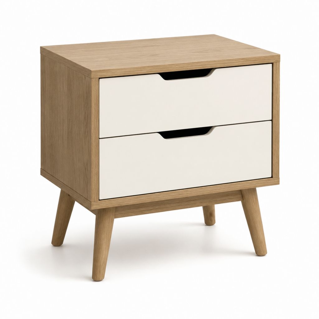 Comodino a 2 cassetti bianco e rovere in MDF rettangolare 45 x 40 x 55 cm