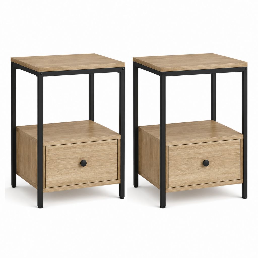 Set di 2 comodini con cassetto rovere chiaro in truciolare e acciaio 40 x 40 x 60 cm
