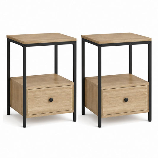 Set di 2 comodini con cassetto rovere chiaro in truciolare e acciaio 40 x 40 x 60 cm